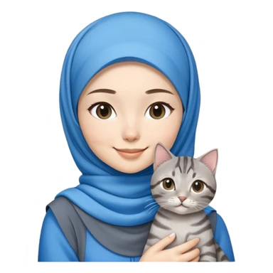 Asian white girl wearing blue hijab with dress holding a black grey tabby cat while smiling sticker