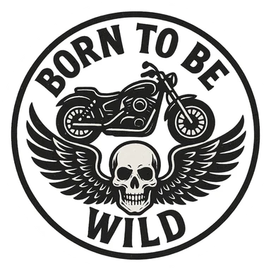 circular motorcycle cap design with transparent background, text 'Born to be wild', motif: motorcycle, wing, skull, iconic style sticker