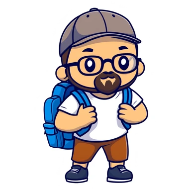 adventurer with backpack, small beard, glasses and backwards baseball cap sticker