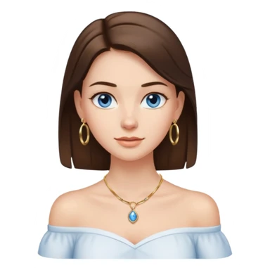 A pretty white girl with brunette hair blue eyes  thin gold hoop earrings and a matching gold necklace in a white shirt that cuts off the shoulders sticker