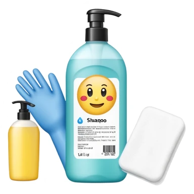 emoji of big (1L) bottle of shampoo, disposable gloves and cotton pads (for makeup) are standing on a table, products look like its always running out, add brand labels to them, make quantity bigger , and i want to see more disposable products, without faces sticker