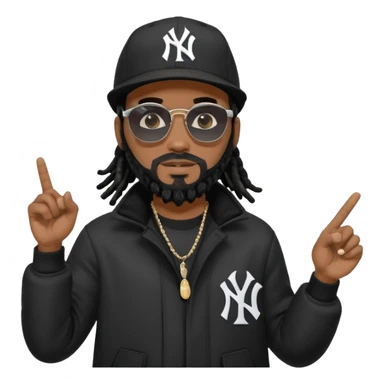 African American man with shoulder length black dreadlocks with black beard wearing black sunglasses wearing a black New York Yankees logo baseball cap wearing a black bubble winter coat pointing to sky sticker