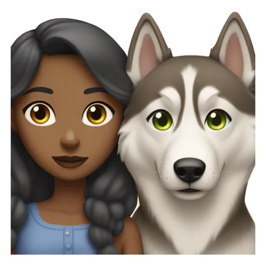 Brown girl with blue eyes next to a female Husky beige golden with green eyes sticker