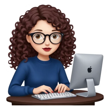 a white young woman with very long wavy dark brown/chocolate hair with curls at the end of her long hair typing in a computer. she's using round glasses, her lips are light red and her cheeks slightly pink. Her eyes are dark brown. She's using a dark blue knit sweater  sticker