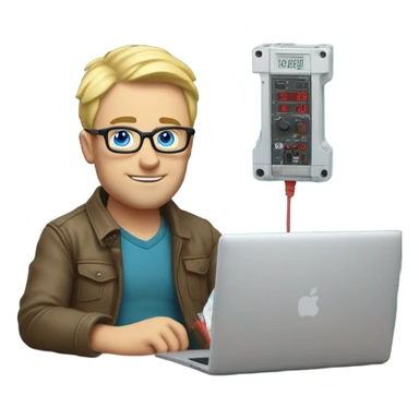man looks 35 classes, european, tech nerd love pcb designing, blond short hair, blue eyes with specs behind macbook on the office desk with pcb and multimeter sticker