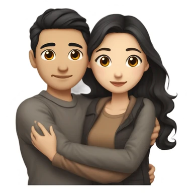 A half pale Asian man with short dark hair and amber eyes embracing and loving a half Asian woman with long wavy dark hair and dark hazel eyes. They love each other a lot And have good fashion taste and are hugging each other tight  sticker