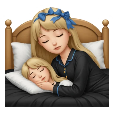 Young woman with long dark blond hair all around her, and a bang, sleeping in bed  with black pyjama  sticker