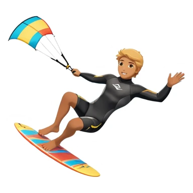 An athlete in a wetsuit riding a kiteboard, soaring over the sea waves with the kite high in the sky. The background features a vibrant blue sky and crashing ocean waves, capturing the thrill and freedom of kitesurfing in dynamic motion. sticker