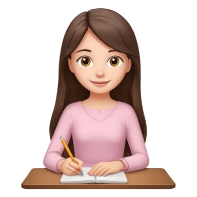 pretty smiling long brunette hair girl with hazel eyes wearing light pink dress writing sticker