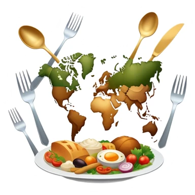 Icon for Culinary Tourism: a world map with food elements like a fork, knife, and dish, surrounded by iconic dishes from various countries. The icon should represent the exploration of global cuisines and travel experiences. Transparent background. sticker