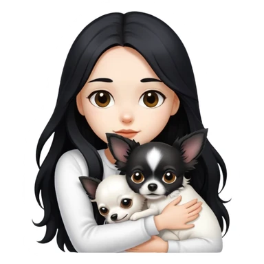 Fair skin girl - long black hair - white clothes - hugging a black long hair chihuahua sticker