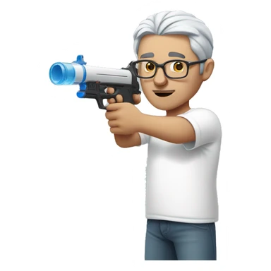 Turkish man with grey hair and protective glasses and white t-shirt aiming a water gun with one hand while standing sideways sticker