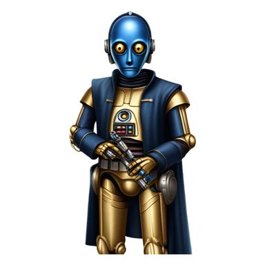 tough well-equipped jedi first order life-sized darkblue-pearl C3po as a friendly bounty hunter droid wearing a leather attire old west duster coat holding light saber ready  sticker