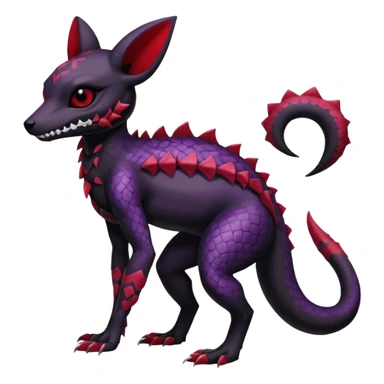 Gothic Black red purple Scaley Exotic Salandit-Umbreon-Noibat-Fakémon-hybrid-creature (full body), 4 legs, white skull face mask sticker