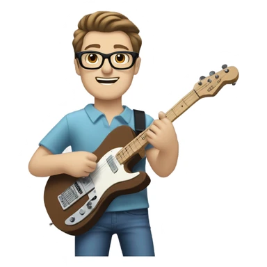 A nerdy white guy with glasses with short brown hair with a small quiff playing a blue classic telescaster sticker
