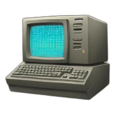 An ancient computer with glitches on monitor sticker