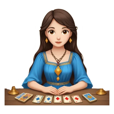 Create a brunette girl with brown eyes sitting at a table with tarot cards. sticker