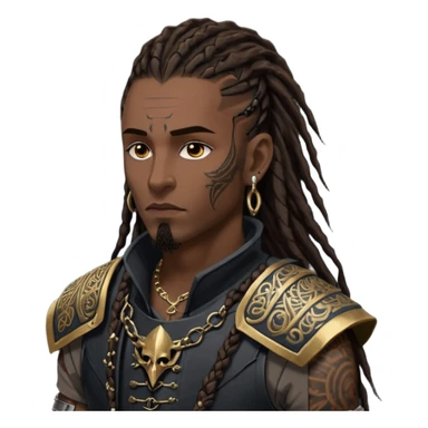 A dark-skinned figure with hollow cheekbones, a sharp jawline, and intense dark brown eyes. His hair is a mess of 7-inch-long dreadlocks, with a fresh hairline and low taper. His body is covered in intricate tattoos, and he wears an armor vest. Gold earrings adorn his ears, and his  sticker