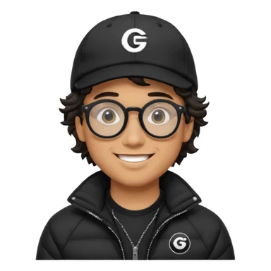 Young man wearing a black puffer jacket, black baseball cap with a small logo, round black glasses, wavy hair peeking out from under the cap, smiling. use dropcourse logo for cap and colouring for the puffer jacket sticker