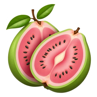 A guava cut in half showing pink flesh and white seeds sticker