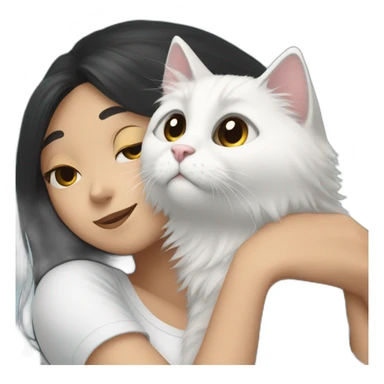 A girl with long dark hair and a white fluffy cat is lying on her left shoulder sticker