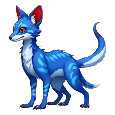 Feral Rare Fantasy neon-sapphire-blue Vernid-Sergal-Genet-species by LiLaiRa, random markings, tufted ears, full body, 4 legs, darker ears, darker legs, neon-red markings, white belly sticker