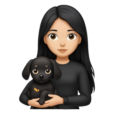 A girl with long black hair wearing black clothes holding a black dog in one hand sticker