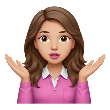 girl with long wavy brown hair, brown eyes, light to medium complexion, in a pink shirt, pink lips, long lashes, puckered lips, both hands all the way up for worship sticker