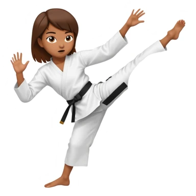 Ragazza castana che pratica karate, ha la cintura nera ed io tradizionale kimono bianco del karate, tira un calcio laterale  sticker