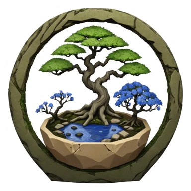 Alien vines landscape mudman very old broken cracked intricate Stone Age rocky-crusted irregular dodecagon-shaped shallow dark moss rough bark blue willow flowered maple tree bonsai pot sticker