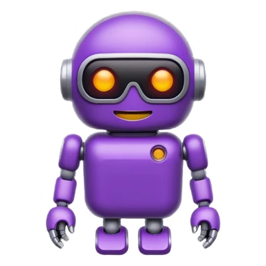 Cute deep purple robot emoji, pill-shaped body, dark visor with glowing white simple eyes and smile. Flat 2D vector art, die-cut sticker with white border, minimalist, white background. sticker