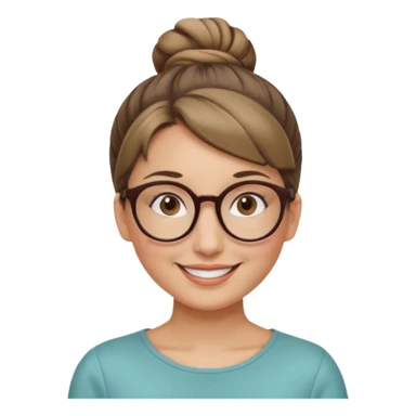 femme de 38 ans avec des cheveux blond foncé, un chignon haut, yeux bruns, lunettes rondes sticker