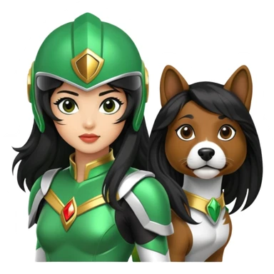 female green power ranger with wasian features, long black hair flowing from helmet, cockapoo dog at her side sticker