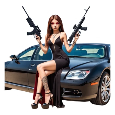 Lilith tan skin female red eyes symbol. Tattoo arms. Her hair is brown straight long hair.wearing sexy long sexy Chanel dress with slit. black stiletto thick platform high heels shoes on. Sitting on giant luxury car with cash inside . She is holding a sniper rifle in one hand cash in other hand sticker