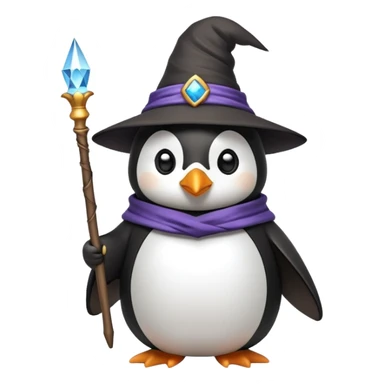 penguin wearing a wizard hat and robe, holding a magic wand sticker