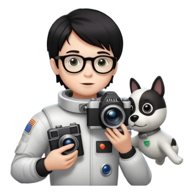 A little boy with straight black medium-length hair, white skin, and black eyes wearing black-framed glasses is taking photos in space with a camera. Beside him, there is a UFO, an alien, and a teddy dog. sticker