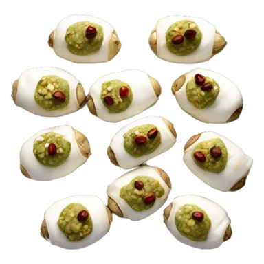 Multiple dates stuffed down the center with goat cheese and pistachios on a tray sticker