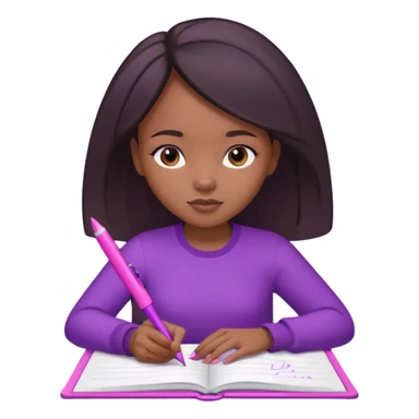 Une fille noir au cheveux lisse qui est entrain d’écrire avec un stylo rose sur un cahier violet sticker