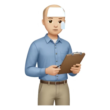 man mid 30's tired shirt and trousers balding hairline standing holding a clipboard sticker