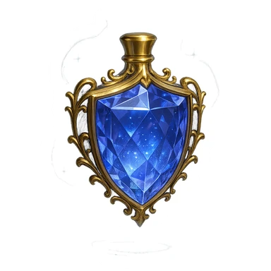 premium class crystal elixir bottle in shield shape, color #7986cb, lots of shining, edges, ornaments, golden details, magical effects, very small golden neck, transparent background, beautiful seamless base, bottle clearly floating in air, no base or shadow, very luxurious, modern, matching the collection sticker