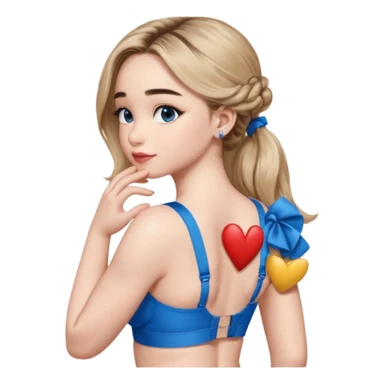 Sabrina carpenter side view with her hands folded and a kiss mark on her back, wearing a blue bra sticker