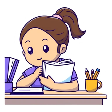 Girl with ponytail reading a notebook while sitting at desk sticker