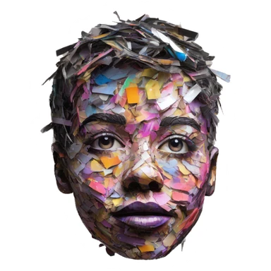 Colourful dark neon graffiti scribble scrapbook patchwork Person face portrait made entirely of multicoloured torn up magazines  sticker