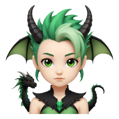 Generate a chibi girl with black dragon features such as horns, wings and a tail she has a black and green gradient mohawk sticker