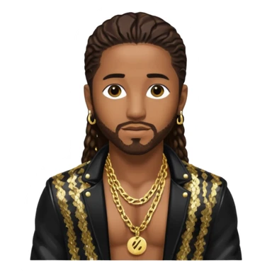 Omarion with long dark brown hair, black sequin jacket, shirtless with necklace sticker