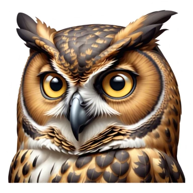 Cinematic Deep Thought Great Horned Owl Portrait Emoji, Head held high with a calm, reflective gaze, showcasing a beautifully mottled plumage and piercing golden eyes that seem to ponder the mysteries of the night, Simplified yet majestically refined features, highly detailed, glowing with a soft, contemplative light, high shine, poised and thoughtful, stylized with an air of profound introspection, capturing the essence of an owl deeply engaged in thought, so thoughtful it feels like it could silently share timeless secrets from beyond the screen! sticker