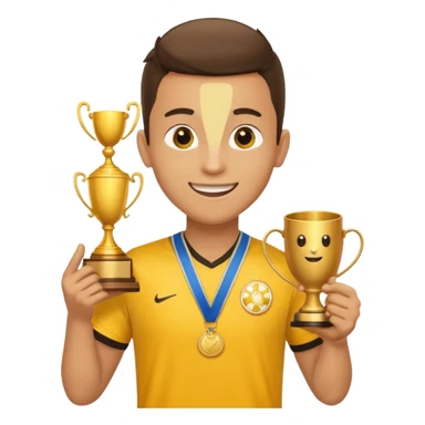 happy soccer player with a first-place medal and a trophy in yellow t-shirts sticker