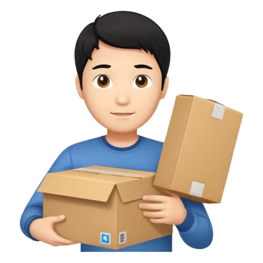 black haired asian man holding cardboard box sticker