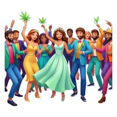 Wedding guests dancing on dance floor with cannabis, colorful party atmosphere, disco lights, cheerful cartoon style sticker