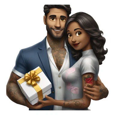Hyper Realistic beautiful woman receiving a gift and a box of chocolates from a handsome tattooed man  sticker